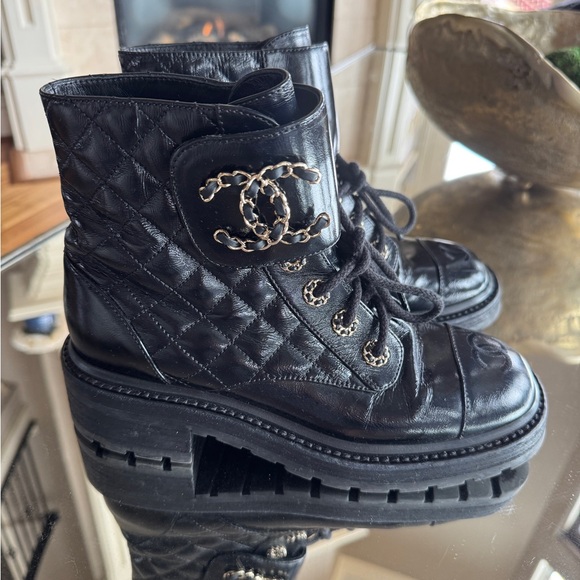 CHANEL Shoes - CHANEL Black Quilted Combat Boots Size 37